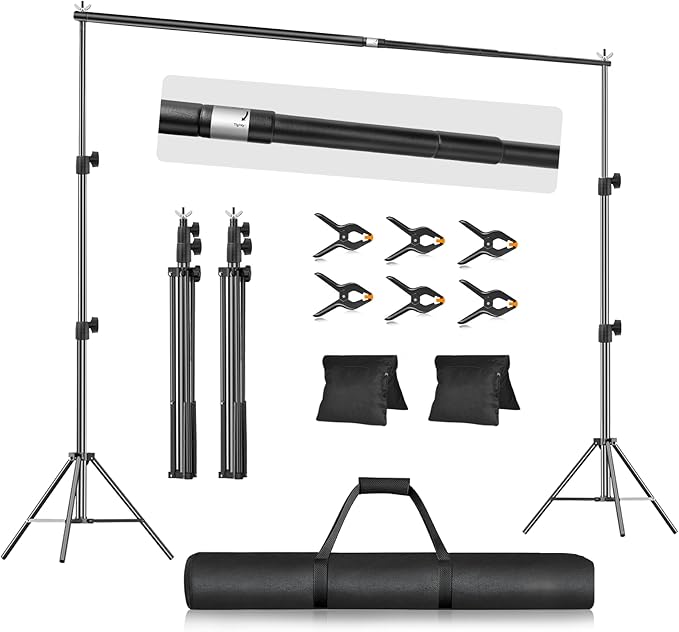 EMART 10x7.9FT Backdrop Stand, Photo Video Studio Adjustable&Lockable Heavy Duty Background Support System Kit with 6 Backdrop Clamps, 2 Sandbag and Carry Bag for Photography, Parties, Wedding, Video