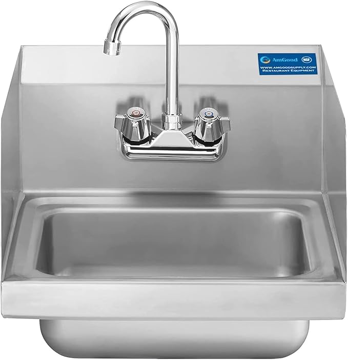 Express KitchQuip 15" x 17" Stainless Steel Wall Mount Hand Sink with Gooseneck Faucet & Side Splash – NSF Certified Commercial Handwashing Basin