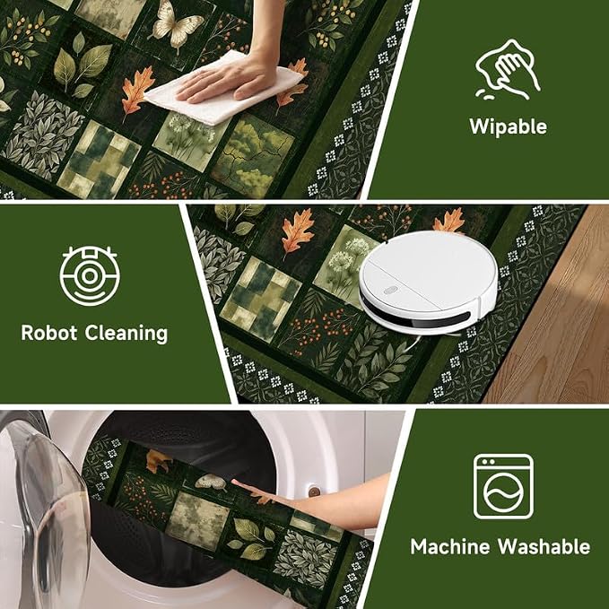 3'x5' Vintage Green Botanical Area Rug Non-Slip Washable Nature Patchwork Carpet Boho Floor Mat Rugs for Entryway Bedroom Living Room Nursery Kitchen Playroom Home Decor