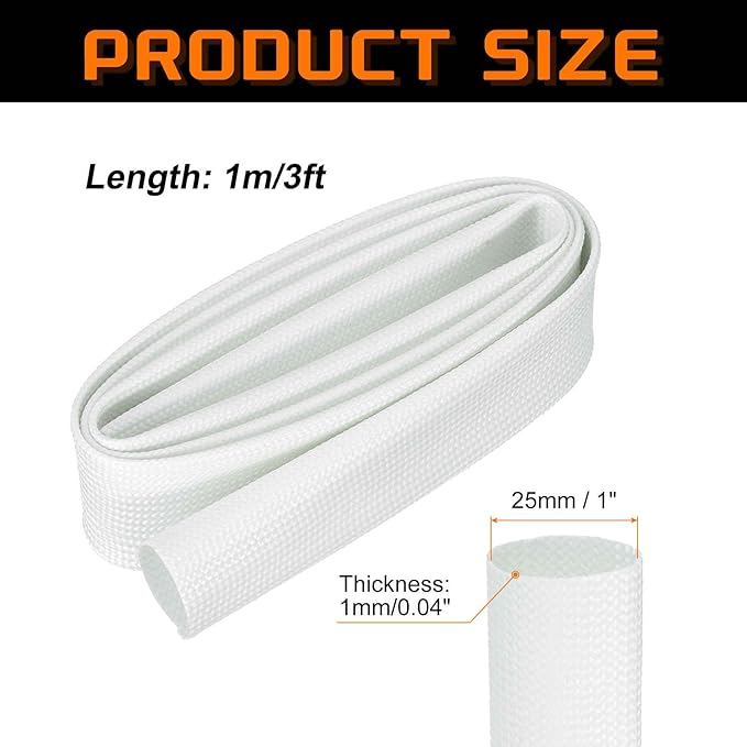 MECCANIXITY 3ft Braided Cable Sleeve, 1" ID 200C High Temperature 1500V Fiberglass Wire Insulation Cord Protector Organizer Wires Management for Motor Engine Fuel Line, White