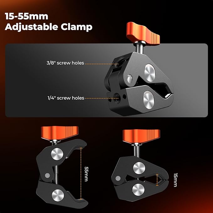 K&F CONCEPT 6" Magic Arm Clamp Kit with 1/4" & 3/8" Thread Screw, 360°Ballhead Articulating Friction Arm with Camera Clamp Mount for Monitor, LED Light, Webcam, Action Camera