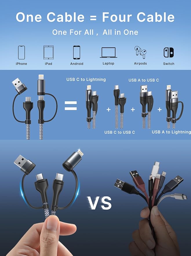 XUDUO 4 in 1 Charging Cable [2Pack 6.6FT] Fast Charging Cord Apple MFi Certified Lightning Cable Nylon Braided 60W Multi USB C Cable for iPhone 16/15 14 13 12 iPad Samsung Galaxy MacBook iPad Tablets