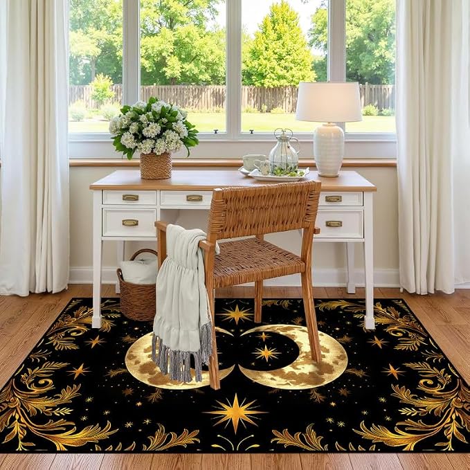 Sun Moon Star Area Rug 6'x9' Golden Boho Carpet Non-Slip Washable Low Pile Floor Mat for Bedroom Living Room Nursery Playroom Classroom Home Decor
