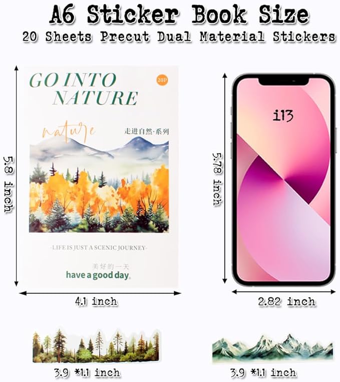 20 Sheets Nature Landscape Pre-Cut Journaling Stickers Book for Junk Journaling, Scrapbooking, Collage, Planner, Album, Transparent PET and Washi Stickers for Adults