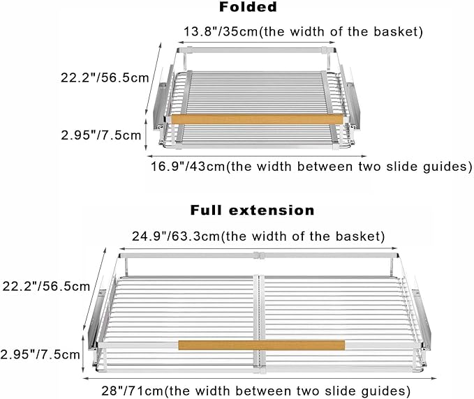 Expandable Pull Out Cabinet Organizers,Slide Out Drawers Adjustable Width W:16.9”-28” x D:22.2”,Heavy Duty Chrome Plated Gliding Cupboard Shelves for Kitchen,Pantry,Under Sink or Closet,2 Packs