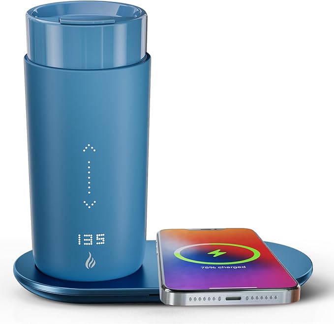 LEGARDLILIU Temperature Control Heated Coffee Mug Smart Self Heating Travel Mug 12 Oz App Controlled Warmer Mug 4-10 Hour LED Display Keep Coffee Hot Fast Wireless Charger Base Lake Blue
