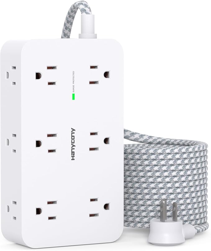 Extension Cord 15 Ft, HANYCONY Power Strip Surge Protector 12 Outlets 4 USB Ports (2 USB C), Large Desk Power Strip with Long Cord, Flat Plug, Wall Mount for Office Home College Dorm Room Essentials