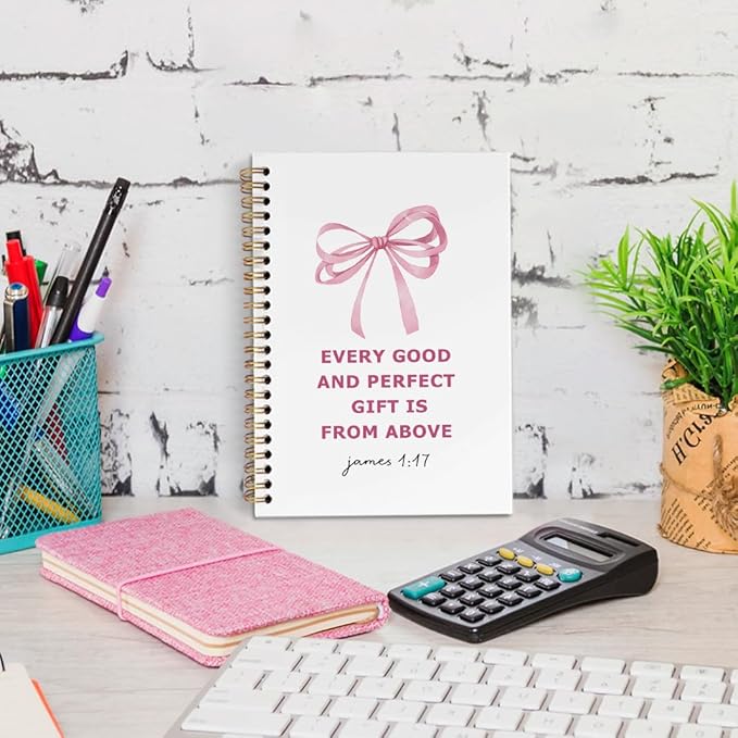 dvhdajed Coquette Christian Spiral Notebook, Bible James 1:17 Journaling Journaling Notebooks, Pink Bow Prayer Spiral Journal for Girls Women, Preppy Religious Office School Supplies Gifts,5.5x8.3 In