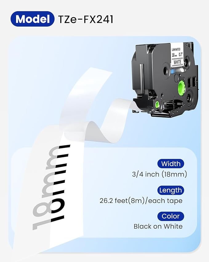 Replacement for Brother P Touch TZe-FX241 Flexible-ID Tape 18mm 0.7 Laminated White TZe TZ Flexible Label Tape for PT-D400, PT-D410, PT-D460BT, PT-D600, PT-D610BT, Black on White, 26.2 Feet, 4-Pack