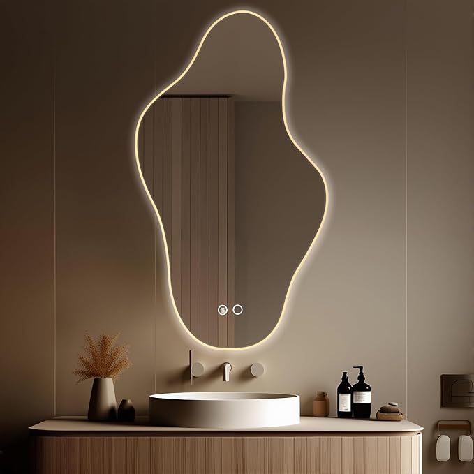 55″x31.5″ Modern Irregular LED Bathroom Mirror with Lights, Asymmetrical Frameless Smart Lighted Wall Mirror for Living Room Entryway, Large Decorative Makeup Vanity Mirror with Touch Switch