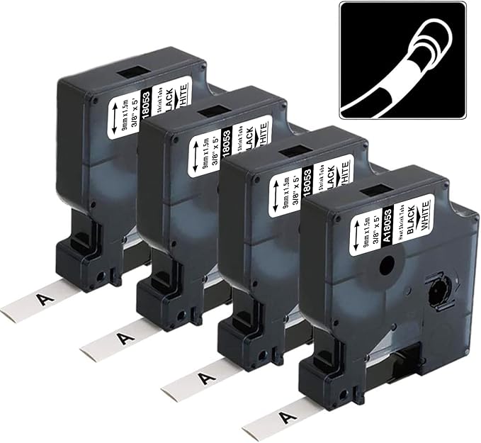 Rhino 5200 Heat Shrink Tube Labels 9mm Replacement for Dymo Rhino Industrial Heat-Shrink Labels 3/8" Tube 18053 Black Print on White Compatible with Dymo 4200 5200 5000 6000 Label Maker