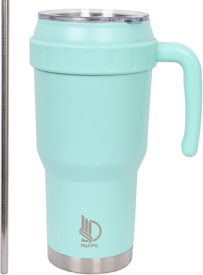 40 Oz Tumbler with Handle & Straw Lid, Insulated Stainless Steel Vacuum Flask, Double Wall Thermal Car Cup for Hot & Cold Drinks, Leak Proof, BPA Free (Mint Blue)