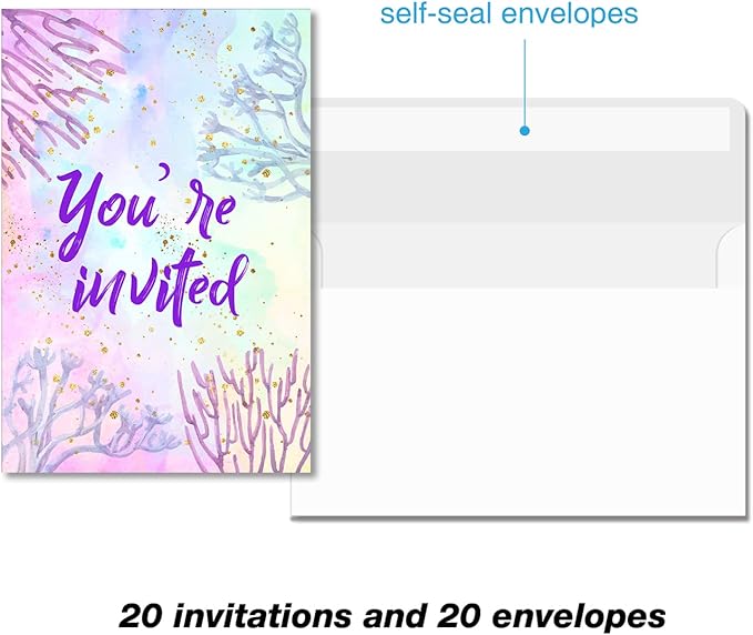 Soiceu Cute Under the Sea Mermaid Birthday Party Invitations with Envelopes Set of 20 Purple Pink Girl Birthday Party Invites