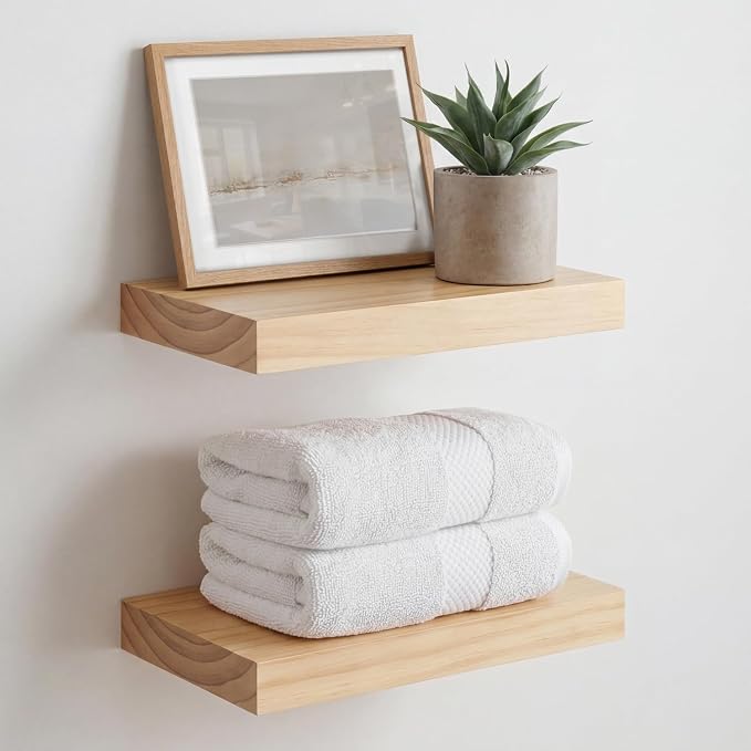 Homeforia 12 inch Natural Floating Shelf, High End Solid Real Wood 12inch Small Floating Shelves for Wall Mounted, Natural Wooden Floating Shelves, Heavy Duty Bracket, 12 X 6.5 X 1.75 in, Set of 2