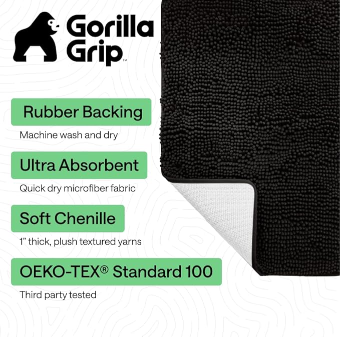 GORILLA GRIP Bath Rug Mat 60x17, Thick Soft Absorbent Chenille, Quick Dry Microfiber Mats, Rubber Backing Washable Shower Floor Rugs, Bathmat Runner, US Designed Bathroom Home Decor Accessories Black