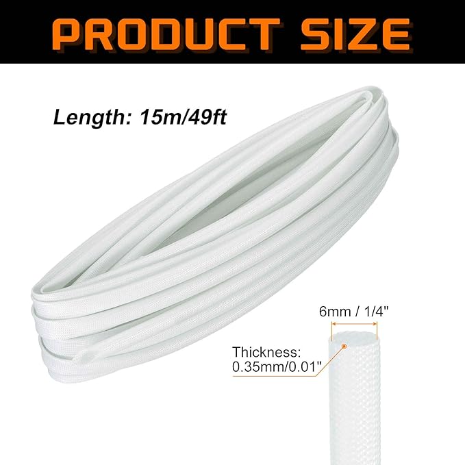 MECCANIXITY 49ft Braided Cable Sleeve, 1/4" ID 200C High Temperature 1500V Fiberglass Wire Insulation Cord Protector Organizer Wires Management for Motor Engine Fuel Line, White