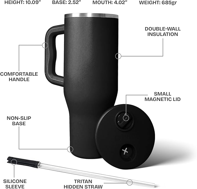 34HD 40 oz Stainless Steel Tumbler - Leakproof Insulated Water Bottle with Handle, Magnetic Lid and Flexible Straw - Iced for 48 Hours – Perfect for Men, Women, Birthday Gift, Black - Midnight Onyx