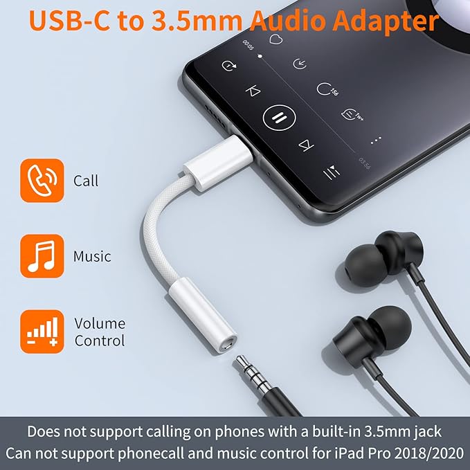 JXMOX USB Type C to 3.5mm Female Headphone Jack Adapter (2-Pack), USB C to Aux Audio Dongle Cable Cord for iPhone 17 Air 16 15 Pro Max, Samsung Galaxy S23 S24 S25 Ultra, iPad Pro, MacBook, Pixel 9 8