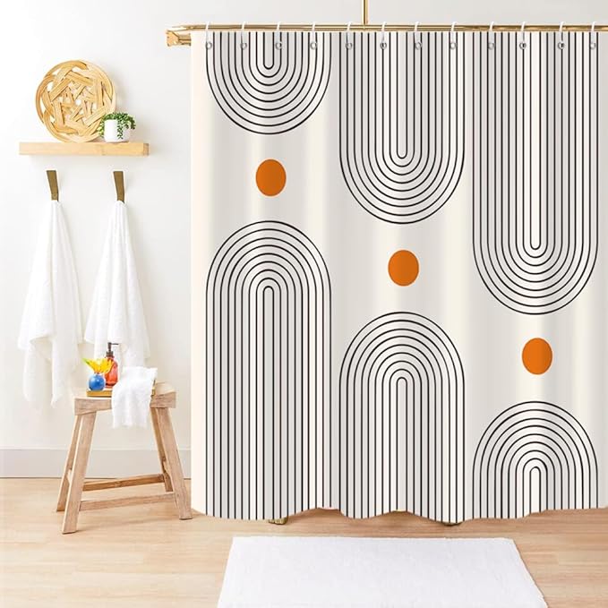 Boho Mid Century Shower Curtain, 60Wx72H Minimalist Abstract Arch Sun Modern Washable Waterproof Polyster Stall Size for Bathroom with Hooks