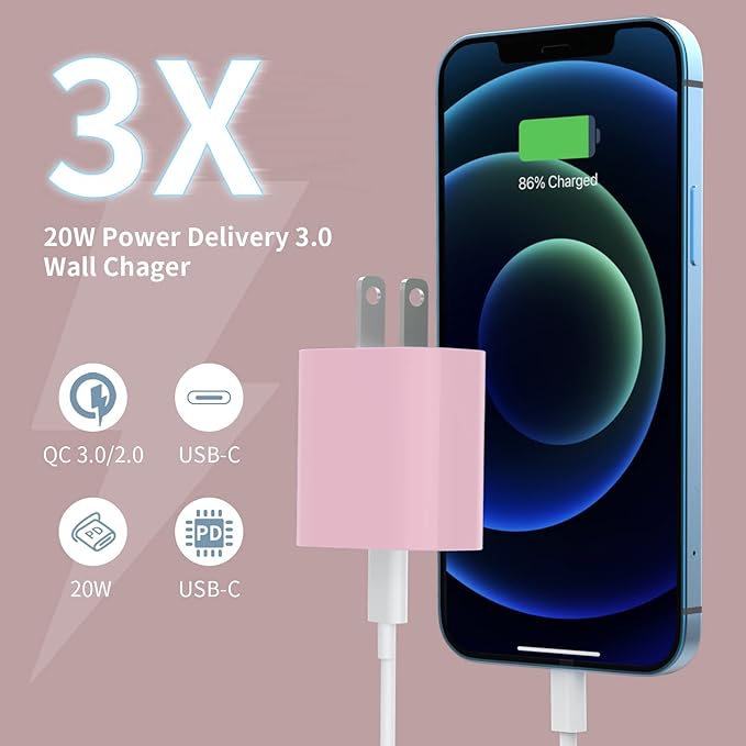 4Pack USB C Charger Block, iGENJUN 20W USB C Charger Wall Charger PD 3.0 Plug Box Type C Brick Cube, Compact USBC Power Adapter for Phone 16/16 Pro/15/14, Galaxy, Pixel, AirPods Pro-Baby Pink