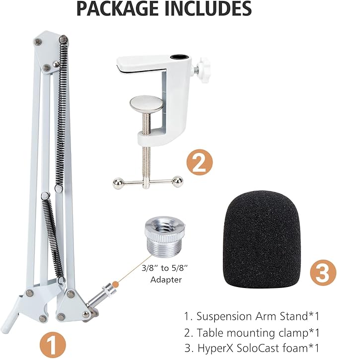 For HyperX SoloCast White Boom Arm - White Mic Arm Compatible with Hyper x SoloCast, Microphone Boom Arm with Pop Filter, Improve Sound Quality, White Mic Boom Arm for Hyperx SoloCast by SUNMON