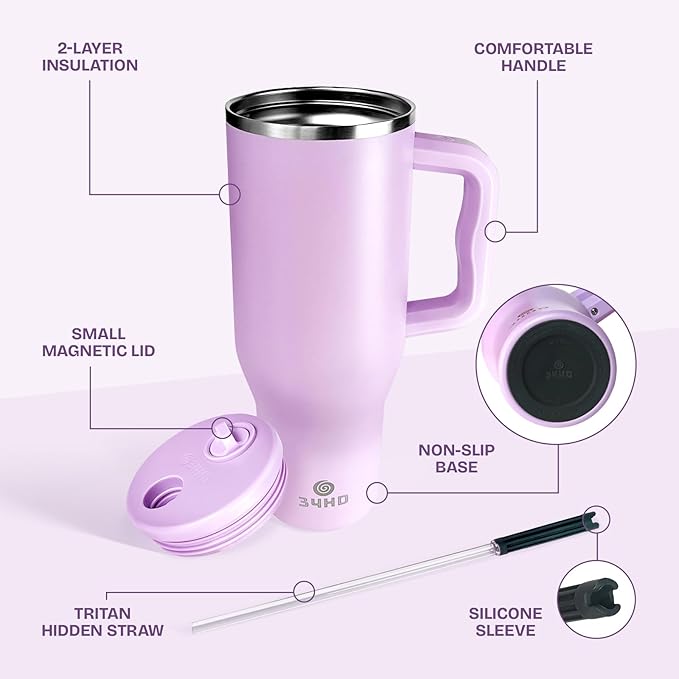 34HD 40 oz Stainless Steel Tumbler - Leakproof Insulated Water Bottle with Handle, Magnetic Lid and Flexible Straw - Iced for 48 Hours – Perfect for Men, Women, Birthday Gift, Purple - Lilac Bloom