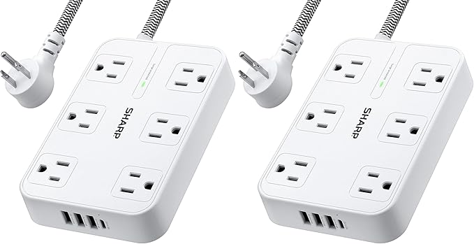 SHARP Surge Protector Power Strip - 6 Widely Spaced Outlets with 4 USB Fast Charge USB Charging Ports (3 USB-A and 1 USB Type-C), Flat Wall-Hugger Plug and 6 ft. Braided Cord, White (Pack of 2)