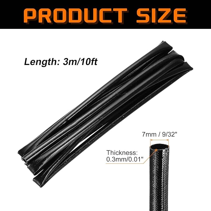 MECCANIXITY 10ft Braided Cable Sleeve, 9/32" ID 200C High Temperature 1500V Fiberglass Wire Insulation Cord Protector Organizer Wires Management for Motor Engine Fuel Line, Black