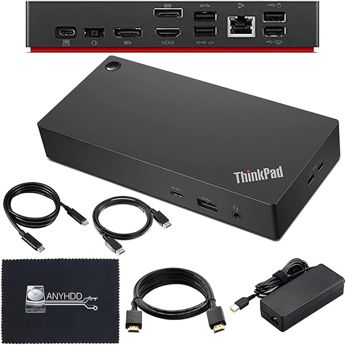 40AY0090US Lenovo Thinkpad Docking Station Dual Monitor - Supports 4K Display, Thinkpad Dock with 90W Adapter, HDMI, DisplayPort, USB C Cables & Cloth - Lenovo Docking Station