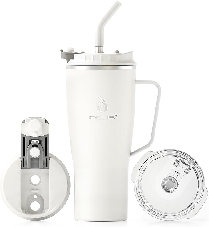 Ideus 32 oz Tumbler with Handle and Straw, Vacuum Insulated Stainless Steel Travel Mug, 100% Leakproof, Cup Holder Friendly, White