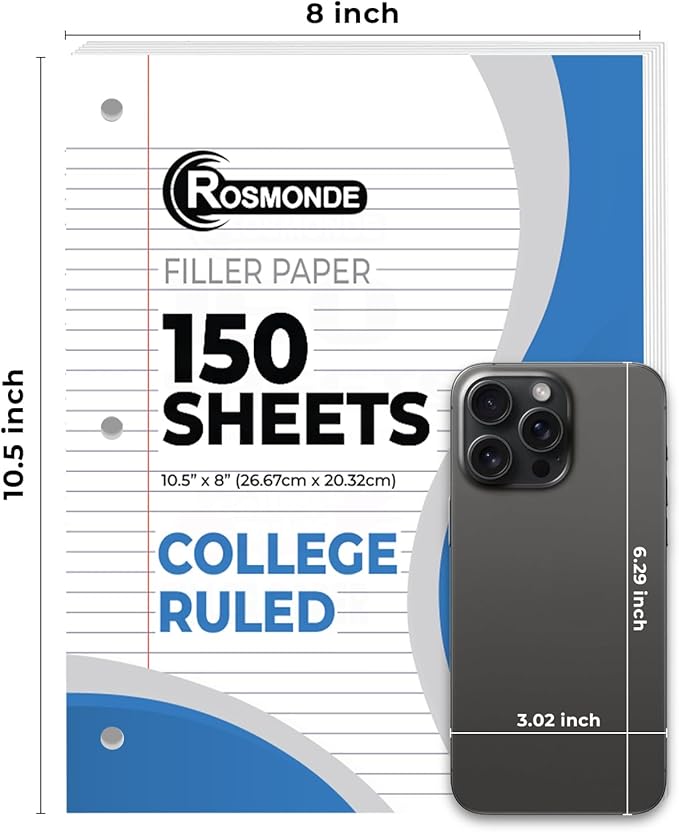 Rosmonde Bulk Loose Leaf Paper, 3600 Sheets, College Ruled, Bulk Filler Paper for Office, 8 x 10.5", 3 Hole Punched, 56 Gsm Thick Sheets, 24 Pack, 150 Sheets/Pack, Bulk Notebook Sheet for School