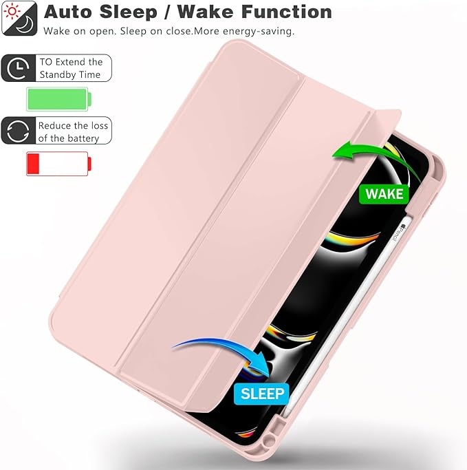 ZryXal iPad Pro 11 Inch Case (M5) 2025/ (M4) 2024 (Model: A2836/A2837/A3006), Trifold Stand Smart Cover with Pencil Holder and Soft TPU Back, Auto Wake/Sleep (Rose Pink)