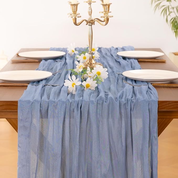 Socomi 10pcs Dusty Blue Fall Thanksgiving Cheesecloth Table Runner Boho Rustic Gauze 120 inch 10FT Cheese Cloth Runner for Wedding Party Baby Shower Birthday Home Decor Holiday Decorations