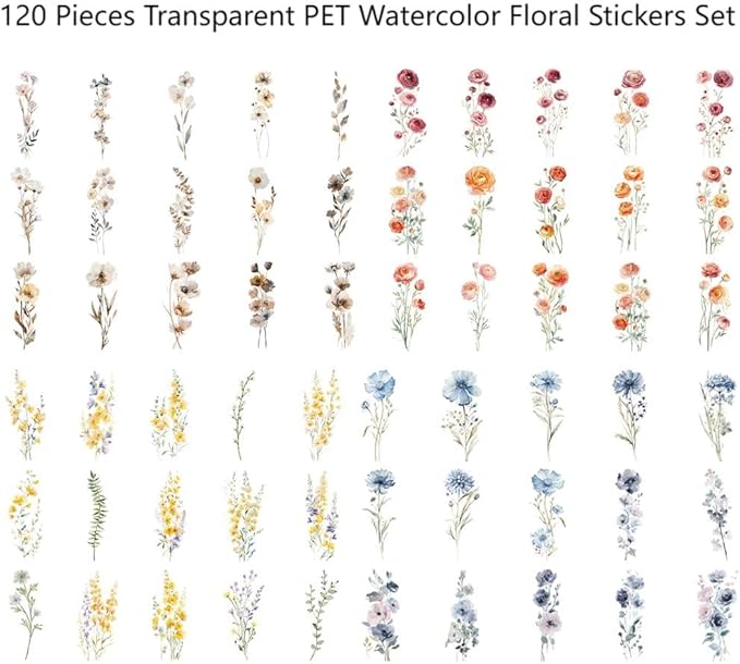 120 Pieces Vintage Transparent PET Floral Stickers for Journaling, 4 Styles Watercolor Flower Set, Decorative Sticker for Scrapbooking, Junk Journal Supplies, Collage