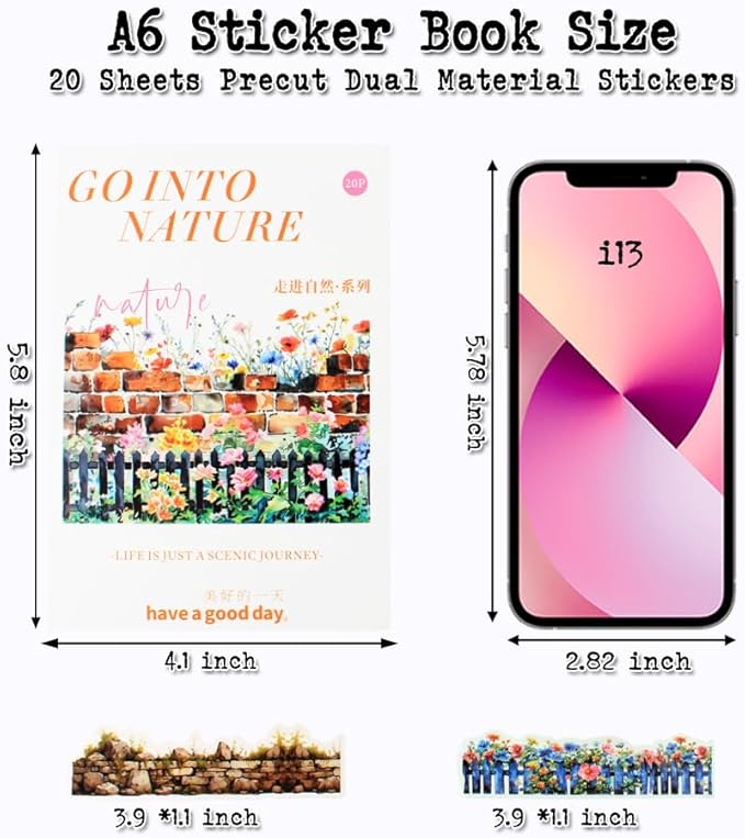 20 Sheets Gardening Scene Pre-Cut Sticker Book for Junk Journal Supplies, Flower Fence Retro Wall Collage Background Journaling Stickers, PET and Washi Stickers for Adults Planner Bujo