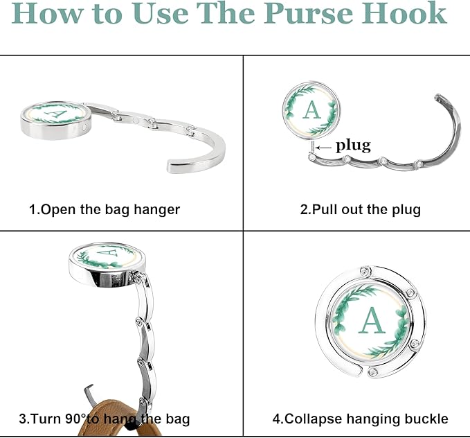 XSUIOY 3Pcs Personalized Initial Foldable Purse Hook for Table,Crushed Flower Letters Folding Purse Hanger,Purse Holder Handbag Hanger Collection Desk Table Bag Hooks Gifts for Women Bag(Green-L)