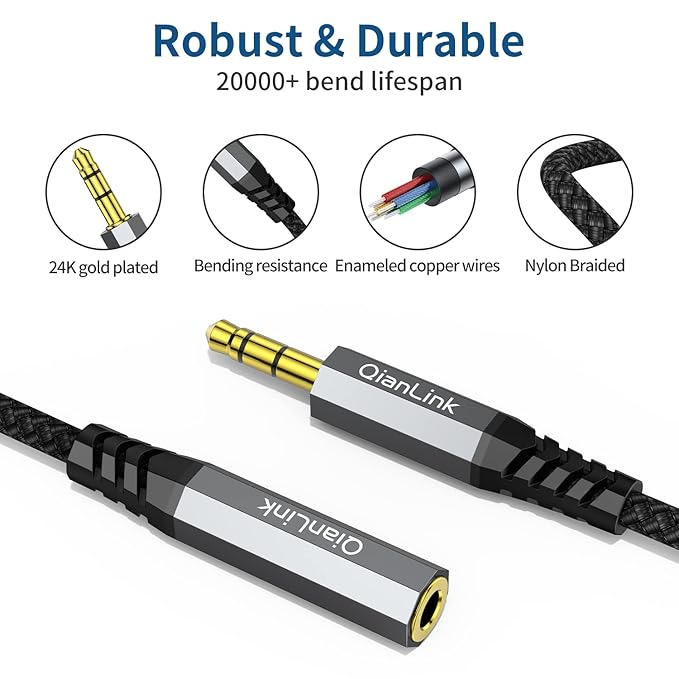 QianLink Headphone Extension Cable, (2-Pack, 6.6ft) 3.5mm Extension Audio Male to Female Aux Adapter Hi-Fi Sound Stereo Extender TRS Cord for Headset, iPhone, iPad, Smartphones, Tablets Media Players