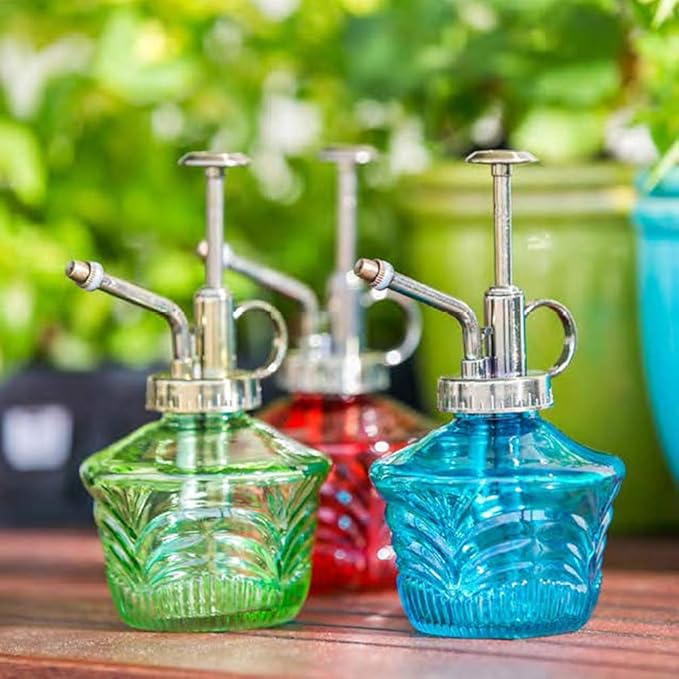 Glass Mini Watering Can Vintage Plant Mister Flower Water Spray Bottle and Faceted Glass Plant Watering Globe with Terracotta Spike,Red