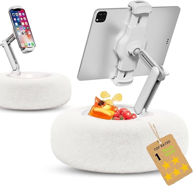 Fuzzy Pillow Phone Holder with Snack Bowl, Adjustable 360° Rotating Magnetic Stand for Phone/Tablet/Kindle iPad, Soft Plush Fabric, Detachable Snack Bowl for Reading for Bed (Upgraded White)
