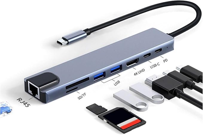 USB C Hub – Type C 8 in 1 Docking Station Adapter | 4K 100Mbps Ethernet USB Card Reader Function Hub | Laptop Tablet Expansion Solution for Office Work Travel and Daily Use