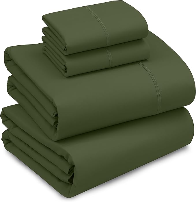 RUVANTI 100% Cotton Sheets Queen Size Set, 4 Pieces, Soft & Breathable Percale Weave Bedding, Deep Pocket 16", Hotel Standard, Crisp Cool Feeling, Durable, Perfect Dyed Bed Sheet, Chive