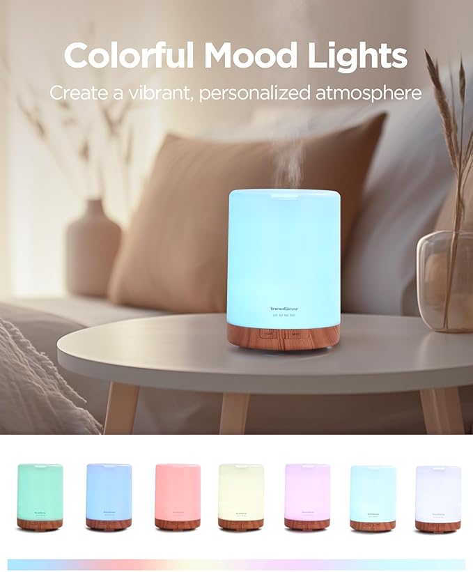 InnoGear Aromatherapy Diffuser & 8 Essential Oils Set, 300ml Premium 5-in-1 Ultrasonic Essential Oil Diffusers Scent Humidifier Aroma Diffuser Vaporizer Auto-Off Timer for Room Office Home, Yellow