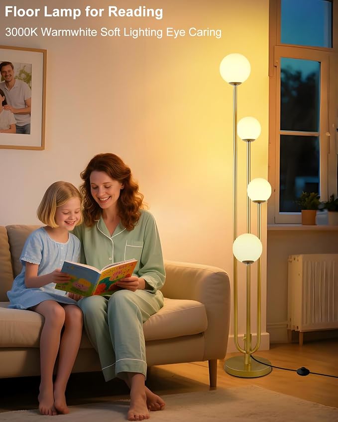 63IN 4-Light Dimmable Floor Lamp, Unique Gold Tall Standing Lamps with 3000K Bulbs for Reading, Mid Century Modern Floor Lamp with 5Lbs Heavy Base for Living Room Bedroom Home Office