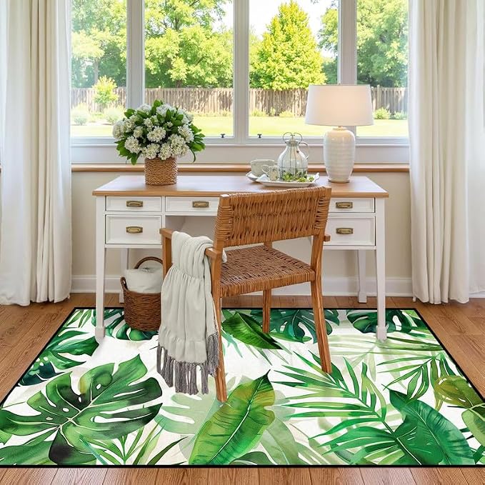 4'x6' Tropical Palm Leaf Rug Monstera Banana Leaves Floor Mat for Bedroom Living Room Nursery Playroom Classroom Home Decor Washable Low Pile Green Botanical Area Rug