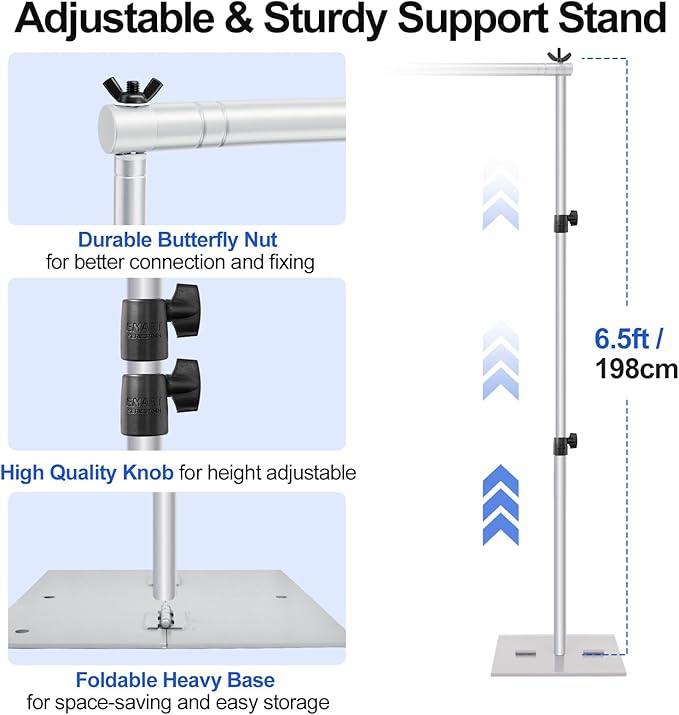 EMART Backdrop Stand, 6.5x10 ft Adjustable Photo Background Pipe and Drape Photography Kit with Heavy Duty Metal Flat Base for Parties, Wedding, Video Studio, Birthday - Silver