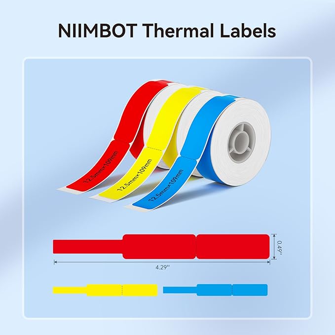 NIIMBOT Cable Label Tape for D110/D11/D101 Label Maker, 12.5 x 109 mm (0.49'' x 4.29''), 3 Rolls for Red Yellow Blue, Thermal Label Tape for Home Office Labeling Tape Replacement