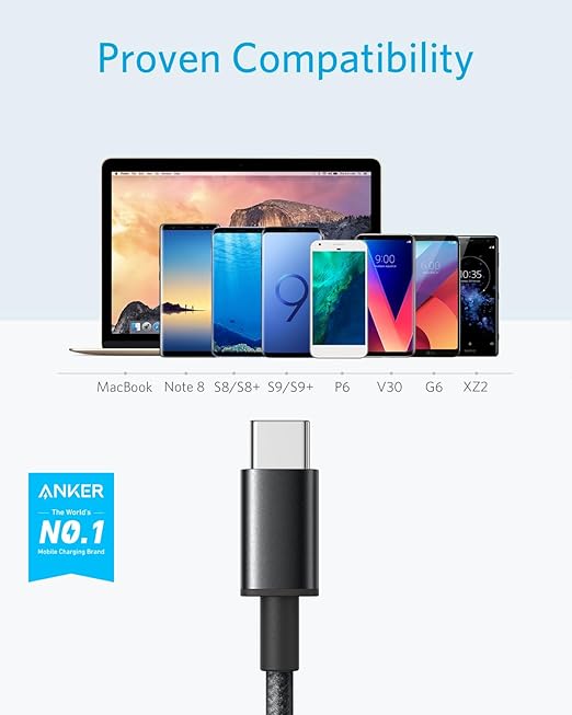 Anker Cable [5 Pack, 6FT], USB A to USB C Cable for iPhone 17 Series,Samsung Galaxy S10 S10+, LG V30, Beats Fit Pro and More (Black)