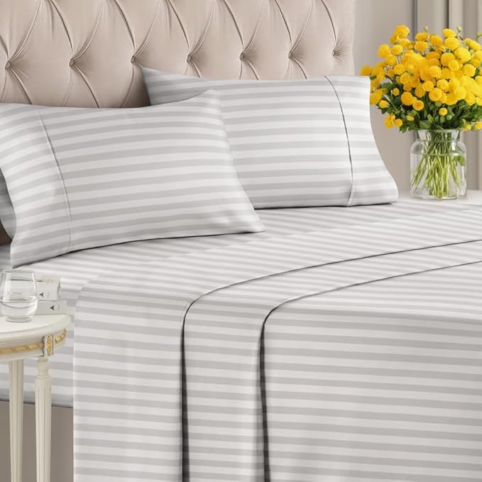 Grey Striped Sheets - 1 Flat & 1 Fitted Sheet & 2 Pillowcases w/ Deep Pockets - Comfy, Cozy, Wrinkle & Fade Resistant - Ultra-Soft, Breathable and Cooling - Luxury Pinstripe Bedding - Full Size