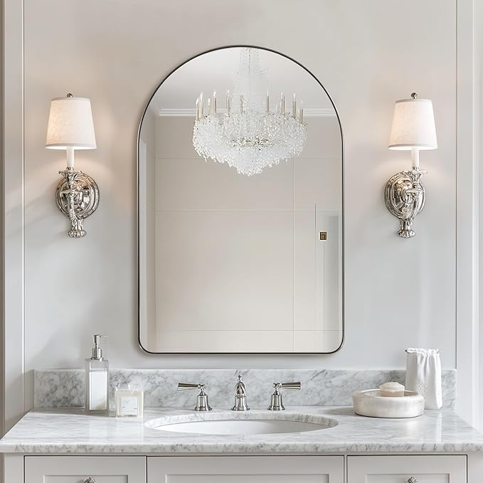 ANDY STAR Arched Mirror, 24 x 36 Inch Brushed Nickel Bathroom Mirror with Stainless Steel Metal Frame, Arch Top Rounded Corner 1 Inch Deep Set Design Wall Mount Hangs Vertical