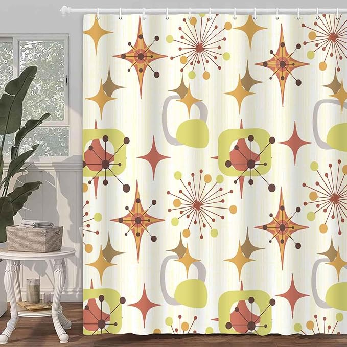 Mid Century Shower Curtain, 60x72inch, Modern Abstract Retro Yellow Striped Geometric Shower Curtain Sets 1950s Boho Bathroom Shower Curtain with 10 Hooks
